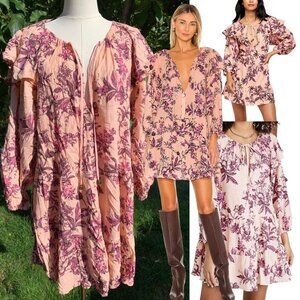 FREE PEOPLE Sunbaked Long Sleeve Swing Minidress, Peach & Pink Floral - Sz L